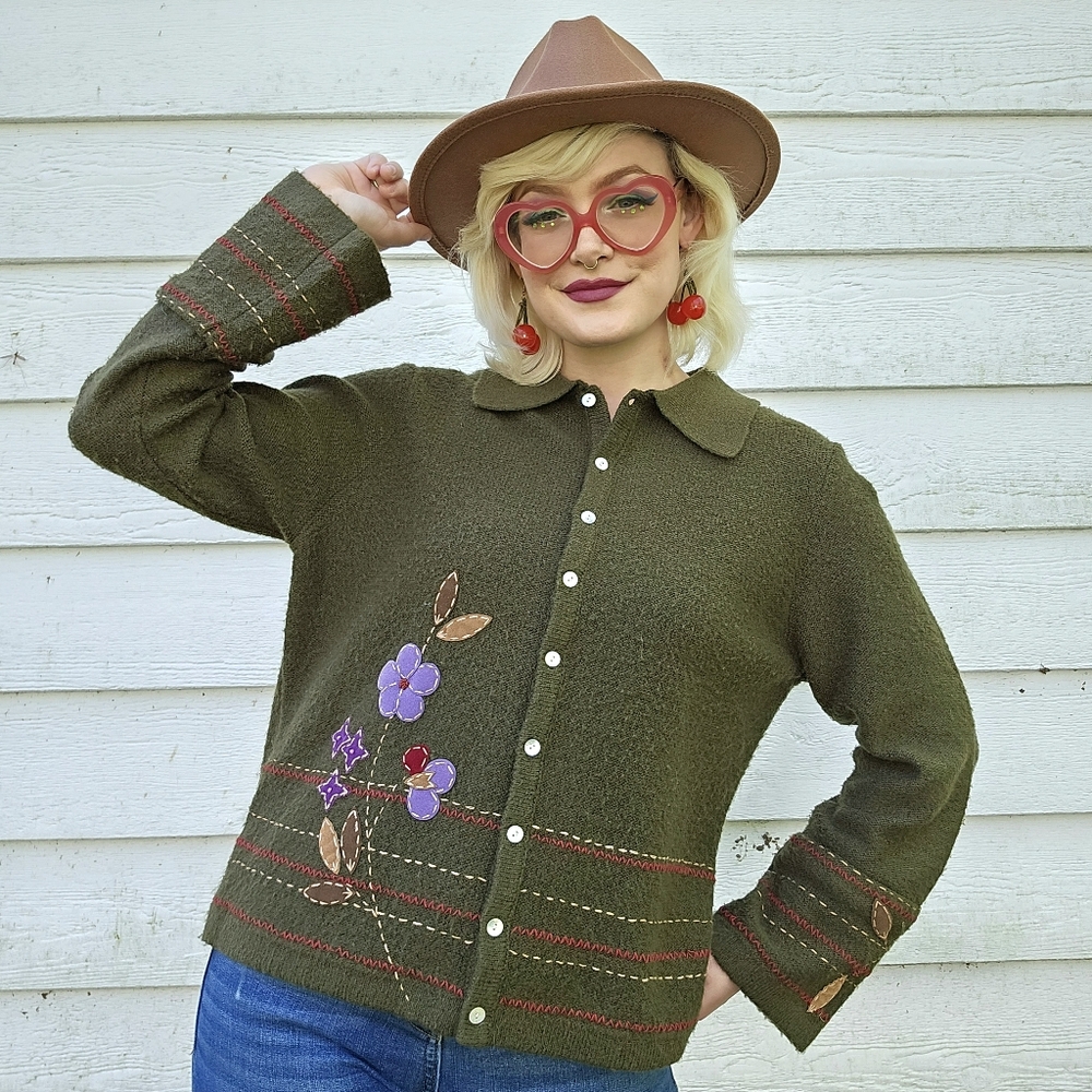 Ivy Olive Green Y2k Granniecore Button Up Cardigan Sweater